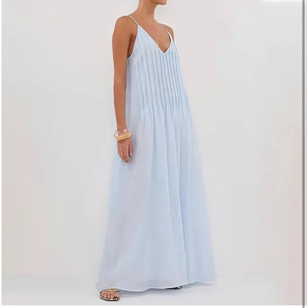 NEW Blue Cotton Pleated Spaghetti Strap Vacation Maxi Dress M - Image 10