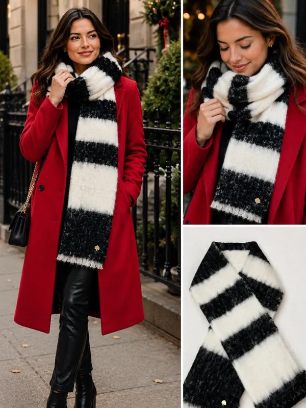 Kate Spade New York Brushed Stripe Oblong Scarf Black Ivory w/ Metal Spade 💛 - Image 2