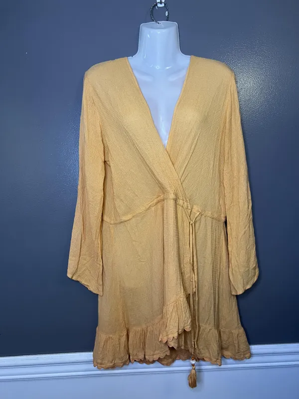 Blue Island Dress Womens Medium Orange Wrap Ruffle Hem Bell Sleeve Boho Sundress - Image 2