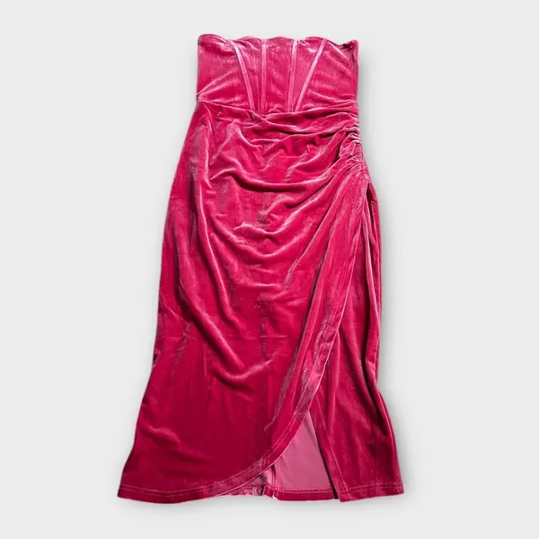 Lulus Knee Length Dress Women's Small Pink Velvet Strapless Bodice Tulip - Image 3