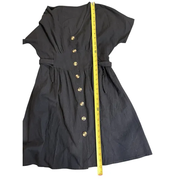 Womens Black Button Front Dress V Neck Tie Waist Short Sleeve Mini Large Classic - Image 6