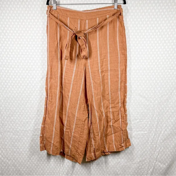 Anthropologie‎ Orange Striped Portia Linen Wide Leg Tie Waist Pants - Image 3