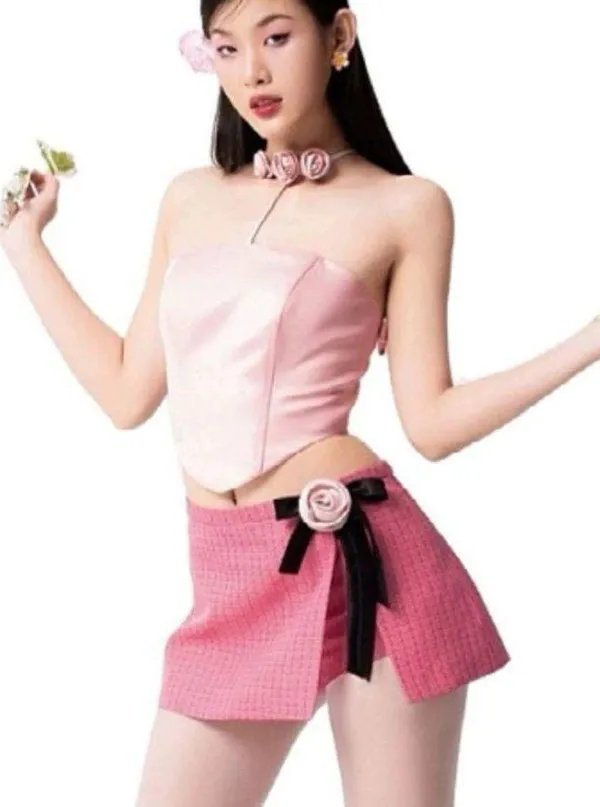 Vietnamese Pastel Pink Rose Bow Ribbon Halter Satin Corset Crop Top Blouse - Image 2