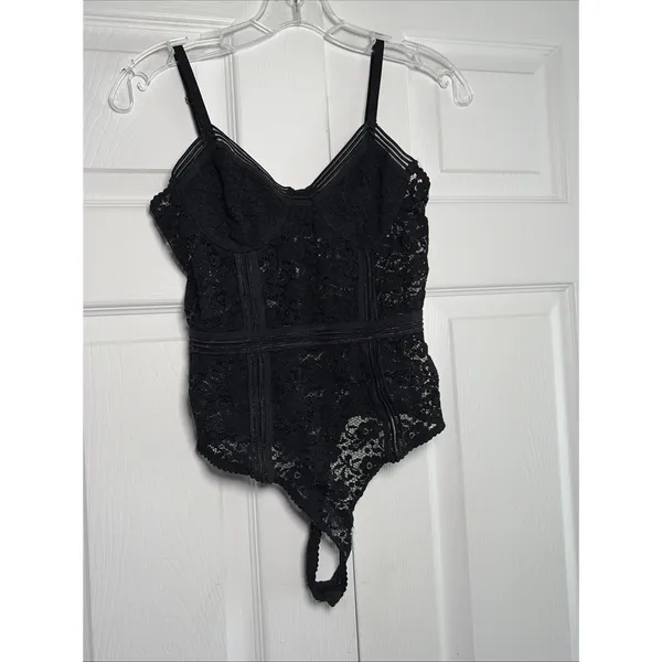 Honey Punch Lace Bustier Bodysuit Womens Size M Black Lingerie Hook‎ Eye Mesh - Image 3