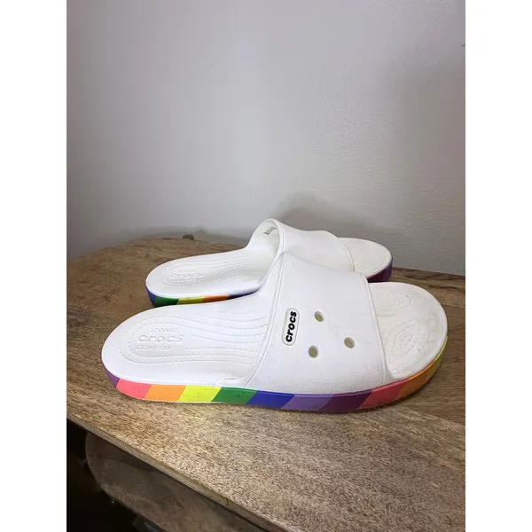 Crocs Classic Slide White Rainbow Stripe Pride Sandals Size 8 - Image 8