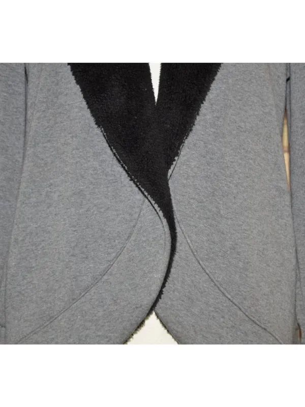 LL Bean Cardigan Jacket Womens M Gray Black Fleece Shawl Collar Open Front - Image 6