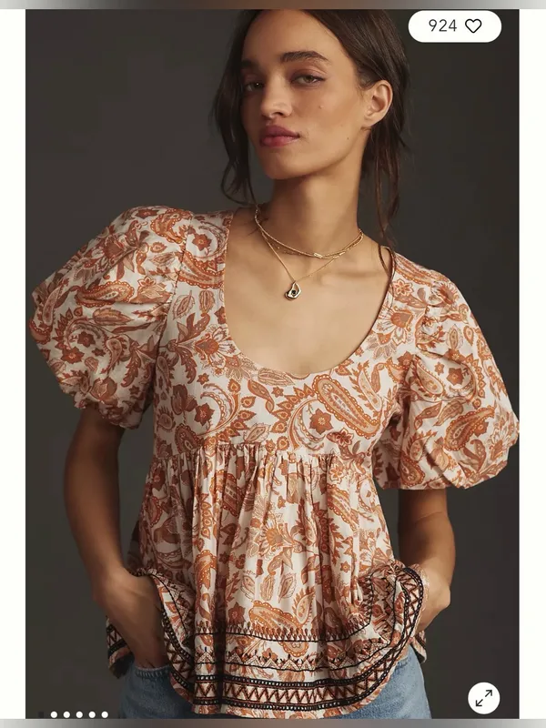 Anthropologie Puff-Sleeve Peasant babydoll Top in Rust Paisley SZ:L - Image 2