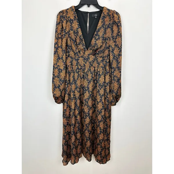 Lulus Graceful Impression Black and Orange Floral Print Midi Dress Satin S NWT - Image 5