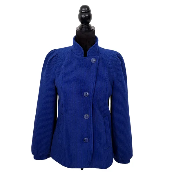 Freddi-Gail Vintage Royal Blue Chevron Wool Puff Sleeve Peacoat Preppy Academia - Image 2