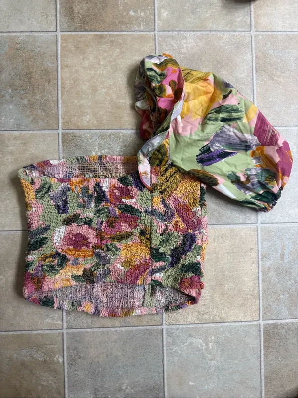 Zara Floral Tube Top one ruffle shoulder - Pink Green Yellow Women’s Size Medium - Image 2