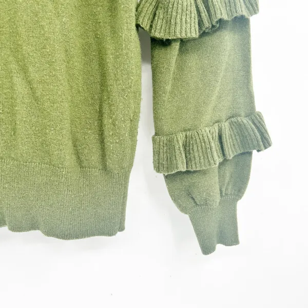 J. Crew Womens‎ Moss Green Wool Blend Tiered Ruffle Sleeve Preppy Sweater XXS - Image 7