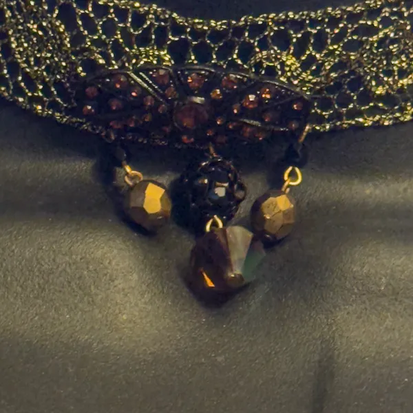 Vintage metallic gold lace choker necklace with crystal dangles - Image 2