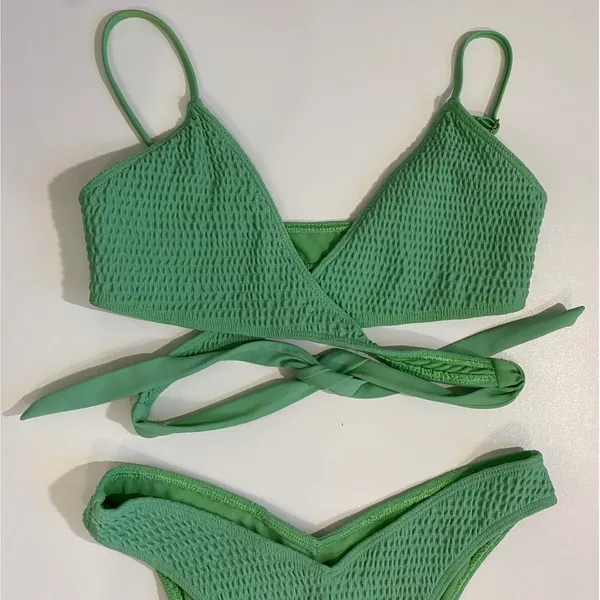 Hollister Sage Green Textured Triangle‎ Wrap Bikini Set S Top XS Cheeky Bottoms - Image 2