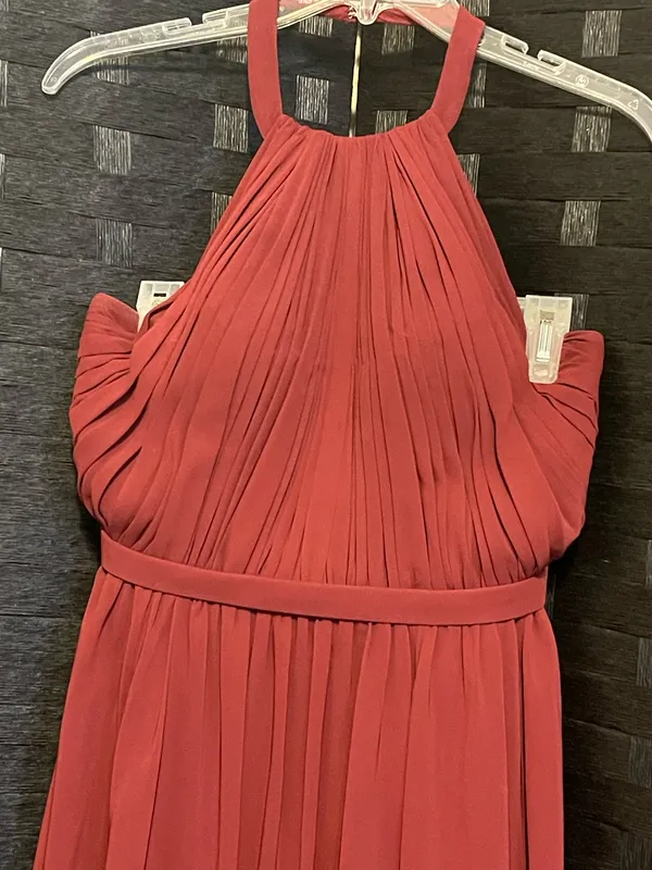 Kleinfeld sangria red Dress Halter Pleated Long Formal Read Preowned Size 6 - Image 7