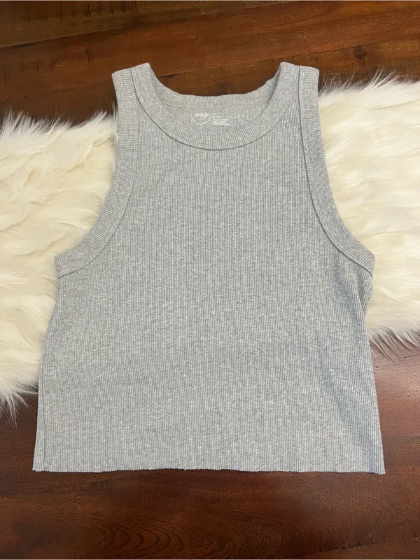 Aerie Ribbed Cropped Tank Top Gray Sleeveless Stretch Cotton XL - Image 2