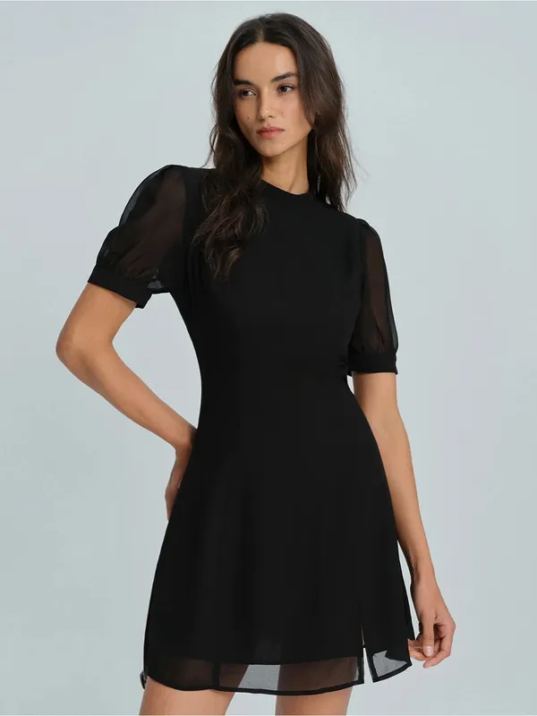 Rihoas Black Mock Neck Elegant Black Puff-Sleeve Mini Dress - Image 4