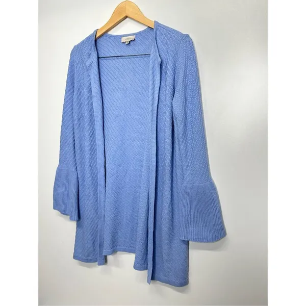 LOFT Sweater‎ Size Small Blue Knit Bell Sleeve Open Cardigan - Image 4