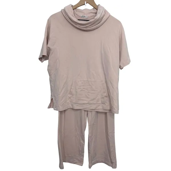 Barefoot Dreams Malibu Luxe Lounge Raglan Pullover & Wide Leg Pants Shell Pink L - Image 2