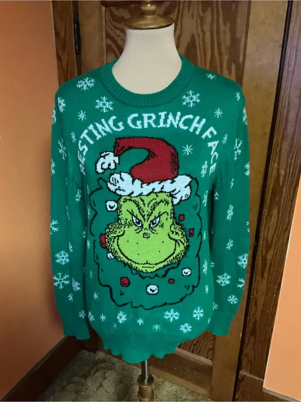 The Grinch Resting Grinch Face Christmas Ugly Sweater Green Medium Dr Seuss - Image 6