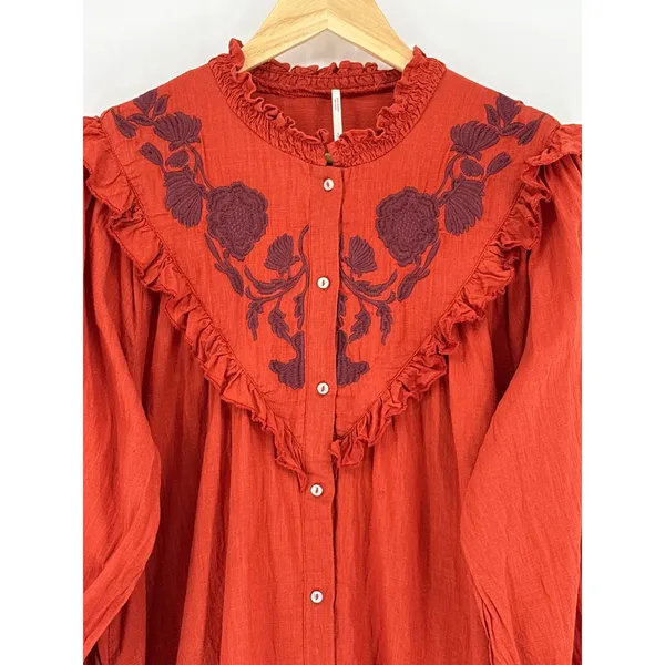 Free‎ People Rose Vines Top Women Small Rust Orange Embroidered Ruffle Smocked - Image 6
