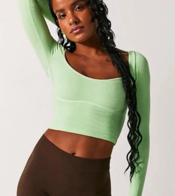NEW Free People Meg Rib Long Sleeve Cropped Top in Lt Green Size M/L New w/o Tag - Image 6