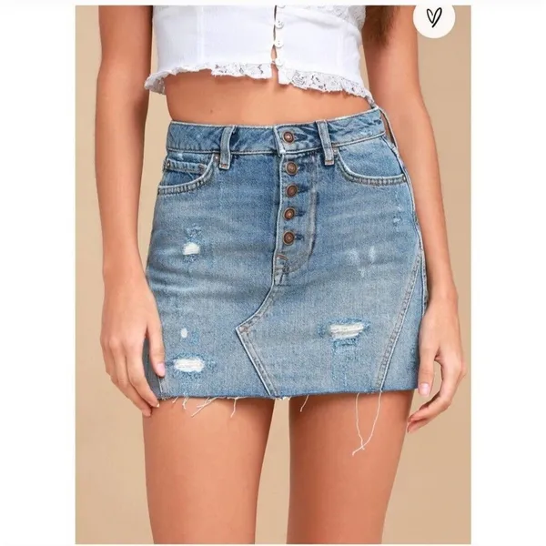 Free People We The Free Mini Jean Skirt Womens 27 Denim Distressed Button Fly - Image 10