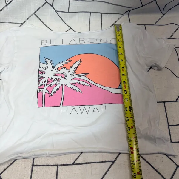Billabong Hawaii Graphic T-Shirt Small White Cropped Raw Hem Sunset Palm‎ Tree - Image 9