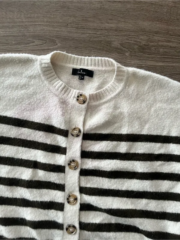 Lulus Knit Cardigan Womens Medium Ivory Olive Striped Fuzzy Wool Blend Cropped - Image 7