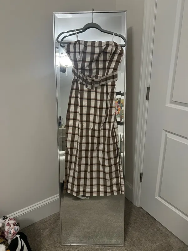Maeve Strapless Gingham Midi Dress with Belt in Brown and White - Image 2