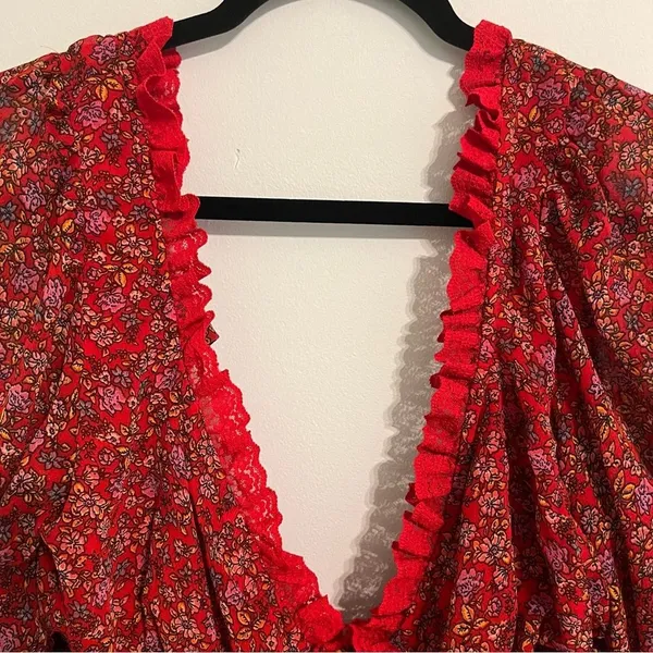 Free People Dress Pennie Babydoll Mini Red Floral Chiffon Boho Open Back… - Image 7