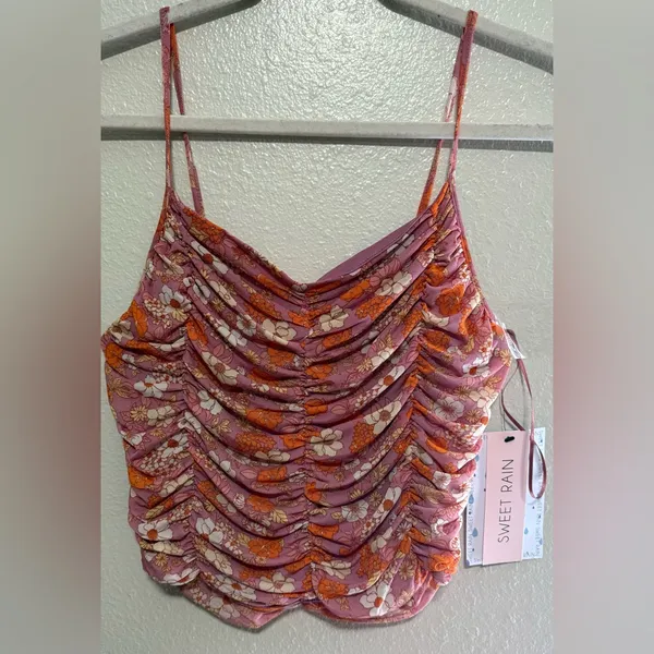 Sweet Rain Floral Ruched Camisole Tank Top | Pink Orange Summer Top | Size M - Image 2