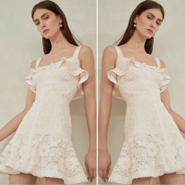 Alexis Linzi Ivory Lace Ruffle Mini Dress L Bridal Shower Bachelorette - Image 11