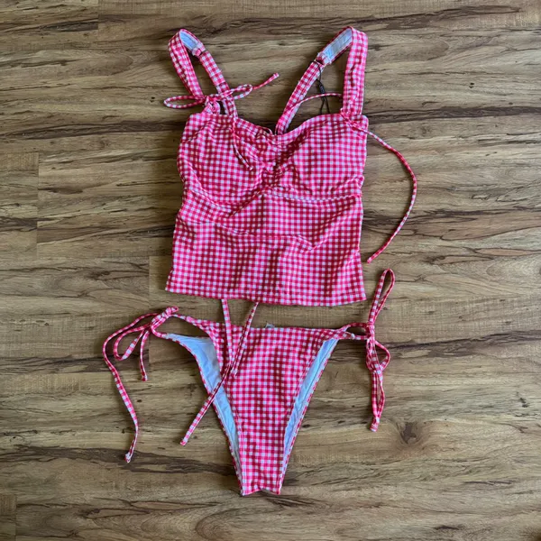 Zaful‎ Red Gingham Tankini Set Tie Shoulder Lace Up Back Swimsuit US 8 New - Image 9