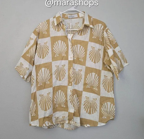 Petal + Pup Checkered Seashell Print Cotton Button Up Shirt - Image 2