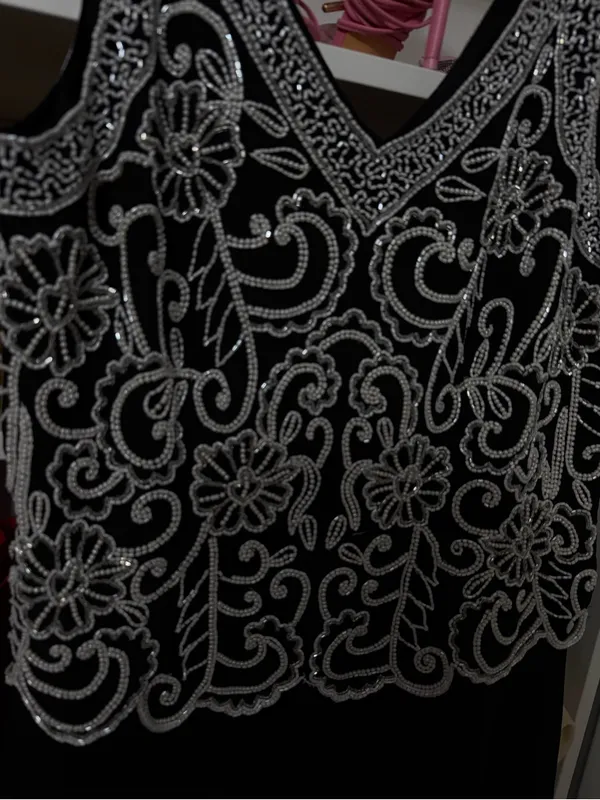 J Kara Black Maxi Dress with White Beaded Floral Bodice - Image 4