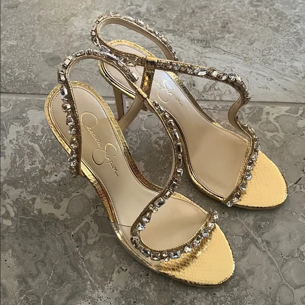 Jessica Simpson Jaycin Metallic Embossed Jewel Embellished Dress Sandals, Size 9 - Image 7
