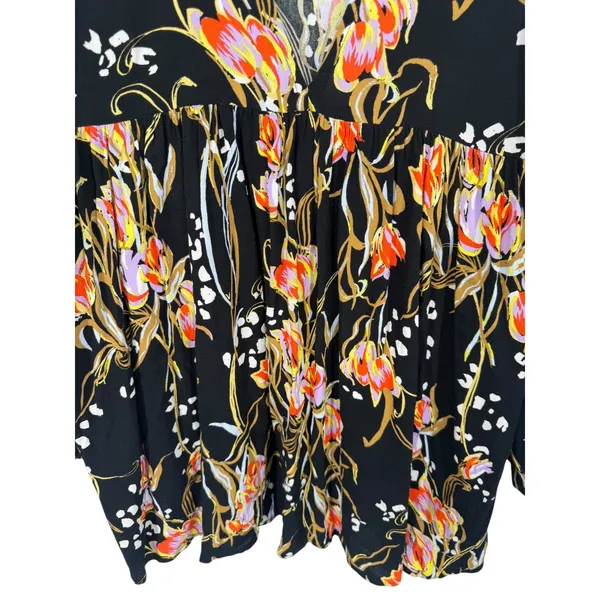 Free People‎ Bella Floral Babydoll Tunic Top Mini Dress Black V-Neck Size Medium - Image 9