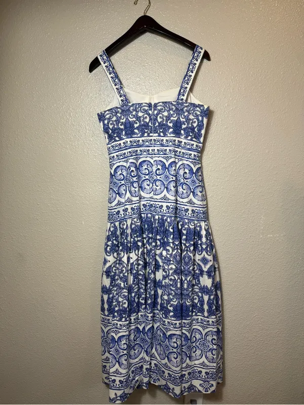 Antonio Melani Blue White Mediterranean Tile Print Midi Dress Square Neck Size 6 - Image 2