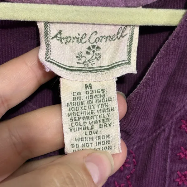 Vtg April Cornell Top Button Up Corduroy Burgundy Purple Embroidered M Cottage - Image 5