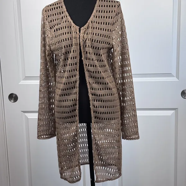 Tunnel Vision Women's XXL Crochet Duster Open Cardigan Taupe Boho Long Sleeve - Image 2