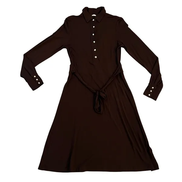 J.Crew Womens Brown Long Sleeve Knit Shirt Dress Gold Buttons Belted M - Image 2