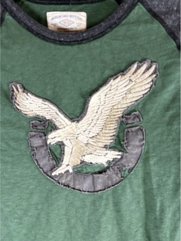 American Eagle Eagle Logo Raglan Long Sleeve T Shirt Green Gray Women’s M - Image 3