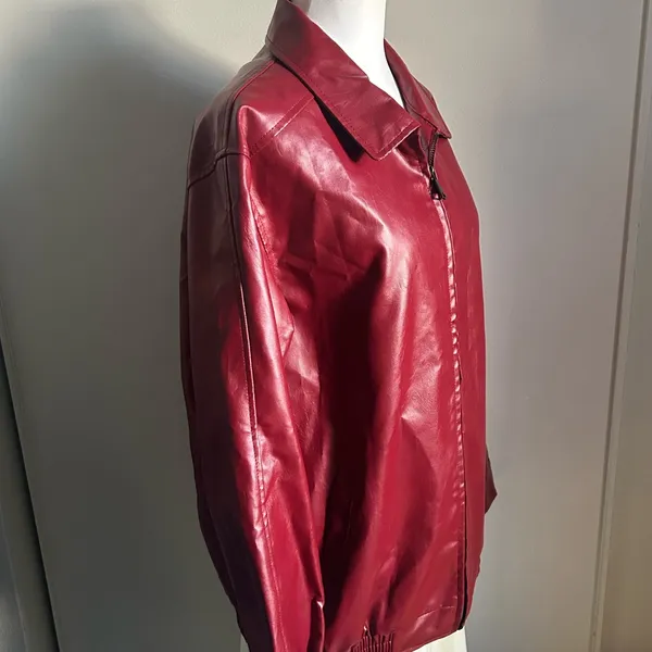Classic Red Vegan Leather Front Zip Oversized Bomber Style Jacket - Image 9
