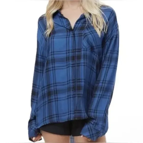 NWT!! WEWOREWHAT Boyfriend Shirt Plaid Navy Blue Collared Oversized Small Medium - Image 4