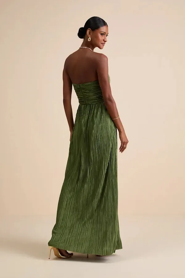 Oswin Olive Green Satin Plisse Strapless Maxi Dress - Image 3