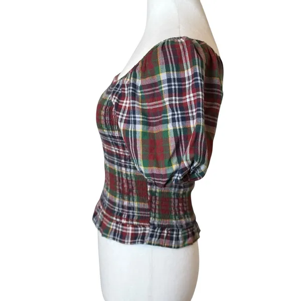 American Eagle Womens Plaid Square Neck Smocked Crop Top Small Holiday‎ Heritage - Image 6
