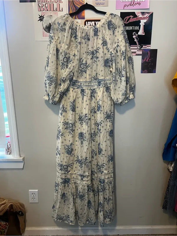 Free People Golden HourCream Maxi Dress with Blue Floral Print - Image 5