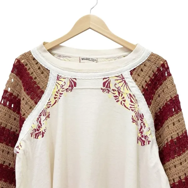 Free People Festival Ready Tee Crochet Sleeve Cream & Rust Knit Top Size Large - Image 9