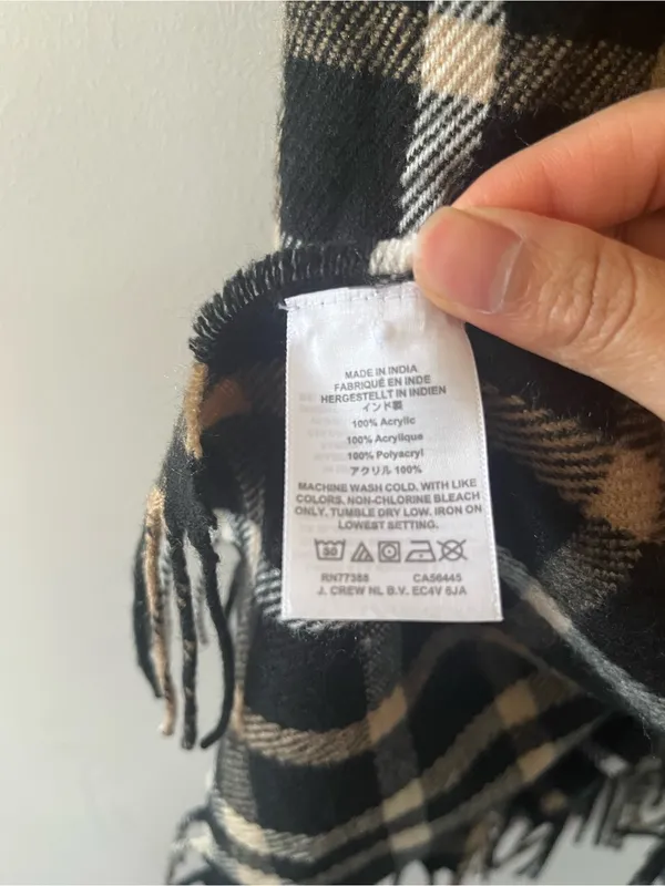J Crew Plaid Blanket Scarf Black Tan Fringe Oversized Winter Wrap Preppy - Image 3