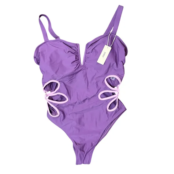 NWT Purple Slimming Floral Cut Out Colorblock Ruched‎ Cheeky One Piece Swim - Lg - Image 3